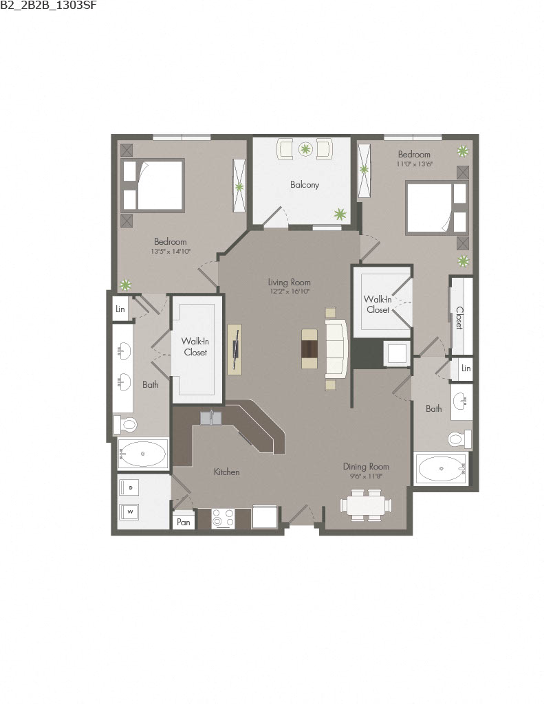 Floor plan for 2 beds, 2 baths, 1303 sqft